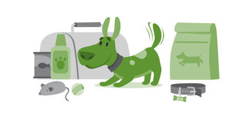 illustration of a dog and an emergency supply kit for pets, which includes food, toys, medicine, food and a collar with a tag. 
