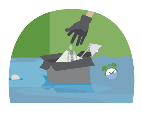 Illustration of a gloved hand cleaning up personal belongings from flood waters in their home. 