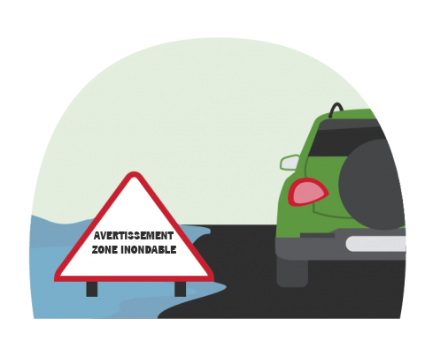 Illustration d'une voiture roulant autour des eaux de crue et d'un panneau indiquant la zone d'alerte aux crues. 