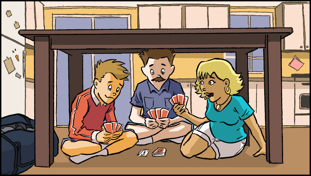 Sonny and his parents are sitting under the dining room table. They are playing a card game.