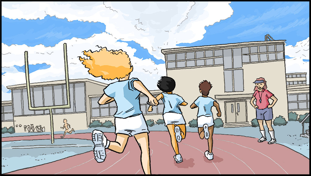 Raina and friends are running on the track. The gym teacher is watching from the sidelines. School buildings are seen in the background and the sun is shining.