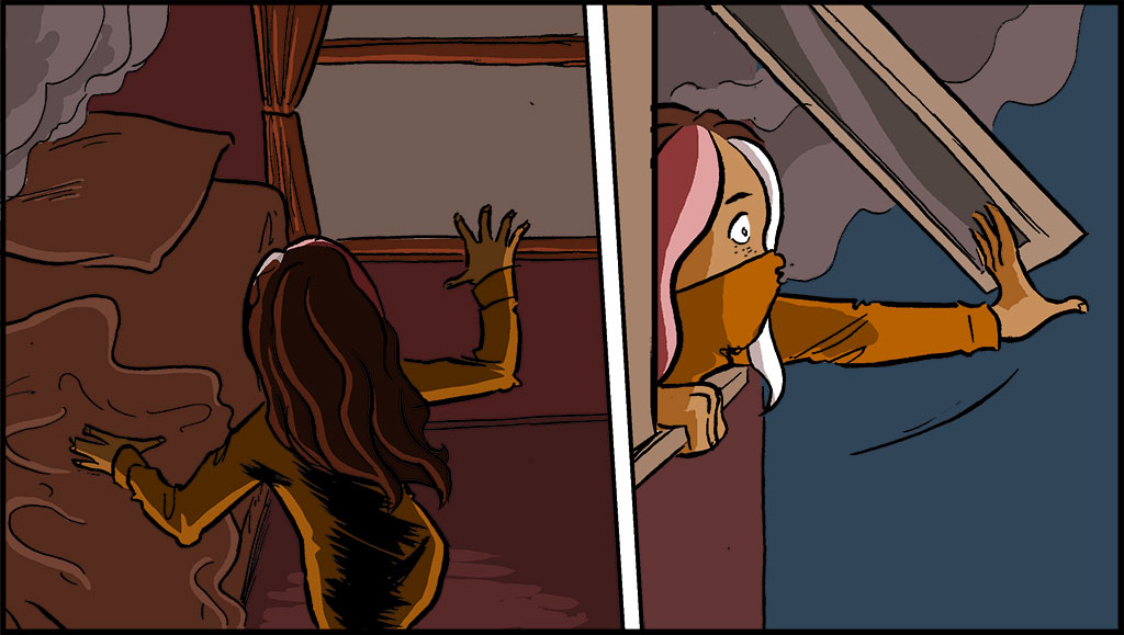 IMAGEN: Misti se cubre la boca con la pieza superior de su pijama. Se acerca a la ventana tocando por donde va y abre la ventana empujándola. 