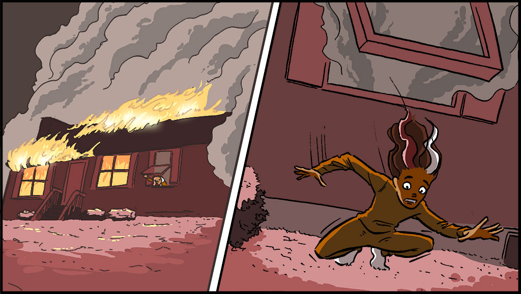 IMAGEN: En el lado izquierdo, una imagen de la casa de Misti con llamas en la sala. En el lado derecho, Misti está afuera, cayendo al piso desde su ventana. 