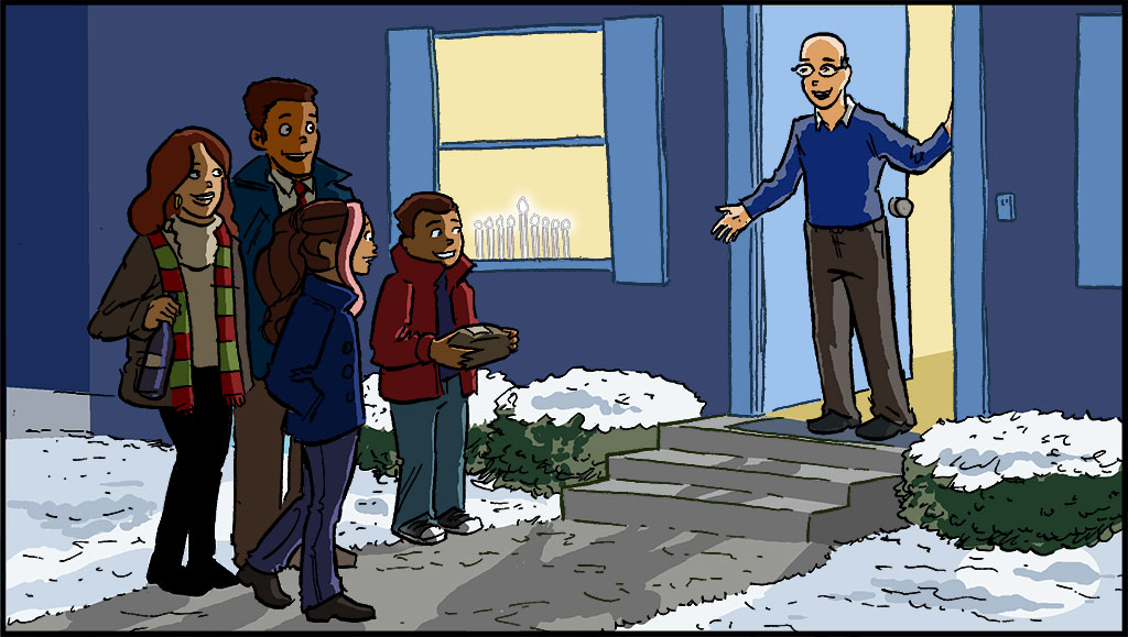 IMAGEN: Misti y su familia caminan hacia la puerta de la casa del vecino. Se ve una menorá eléctrica por la ventana del frente y su vecino les da la bienvenida por la puerta principal. 