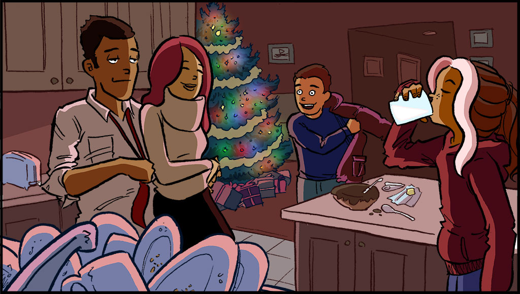 IMAGEN: Misti y su familia están en la cocina. Hay platos sucios en el fregadero. Al fondo puede verse un árbol de Navidad decorado y encendido.
