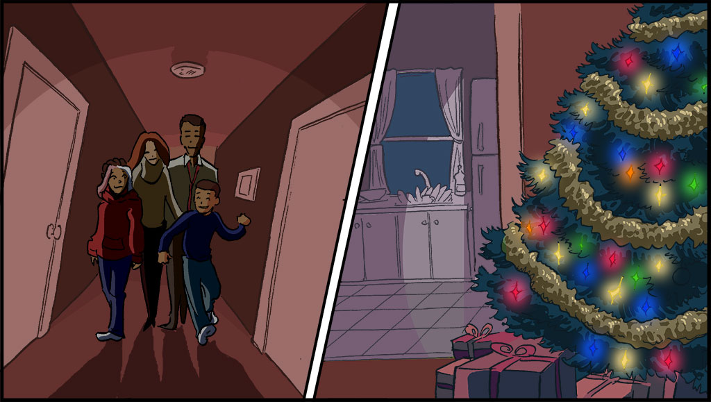 IMAGEN: La familia de Misti camina por el pasillo hacia los dormitorios. Al fondo hay un árbol de Navidad encendido y platos en el fregadero.