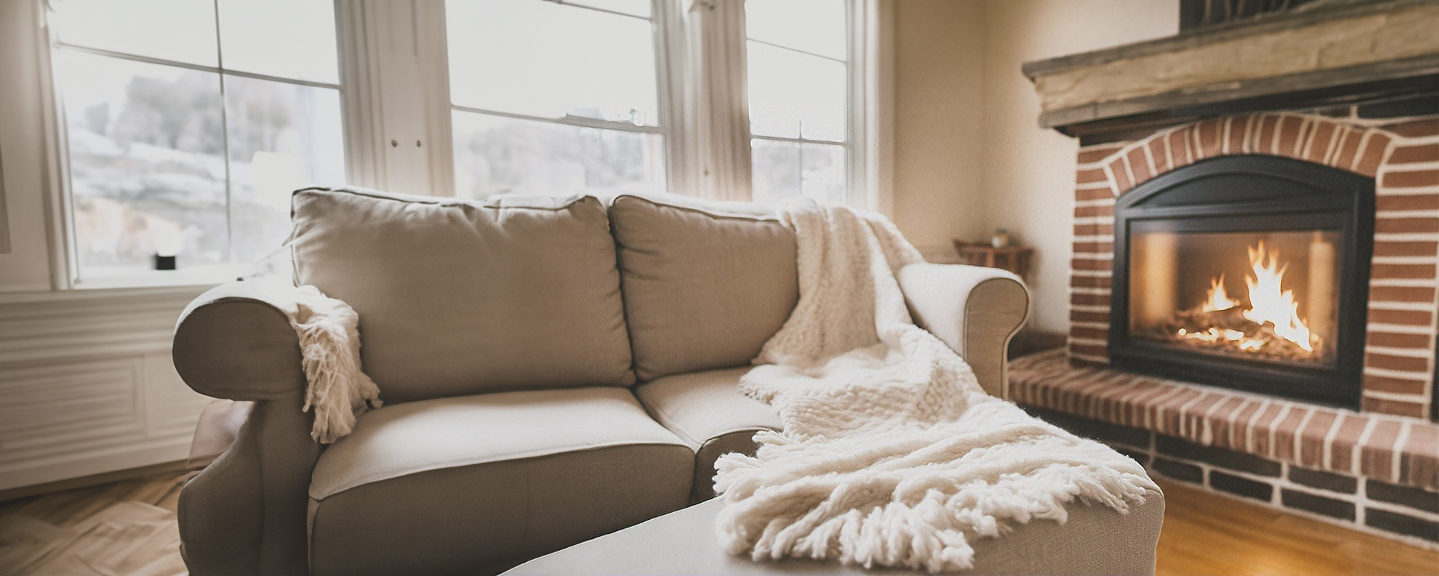 A cozy fireplace, with the fire behind glass and at least three feet away from the couch and blanket pictured. 