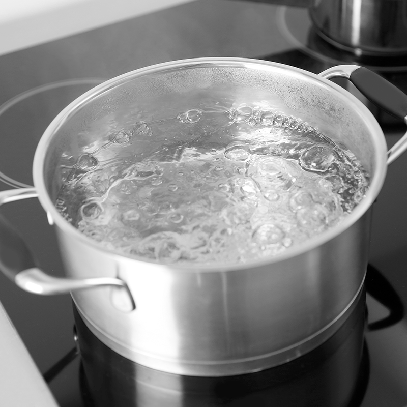 A pot of water boils on the stove