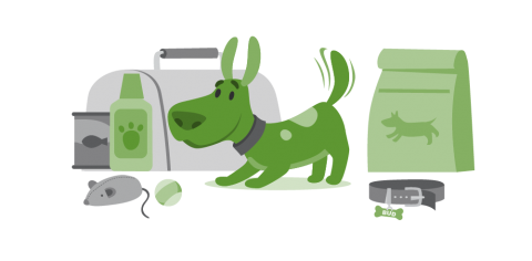 illustration of a dog and an emergency supply kit for pets, which includes food, toys, medicine, food and a collar with a tag.