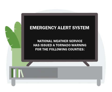 A tv shows the message: Emergency Alert System National Weather Service <a href=