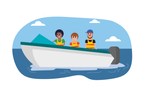Three people on a boat wearing life jackets. 