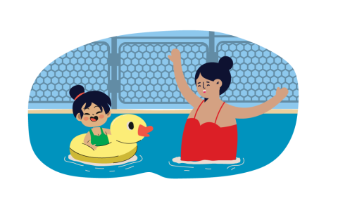 A woman and a child in a duck floaty device in a pool. 