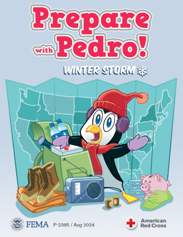 Prepare with Pedro Winter Storm Storybook, Pedro wears a hat, earmuffs, mittens and a scarf. 