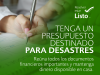 mano de mujer escribiendo un presupuesto familiar. El texto dice: Tenga un presupuesto destinado para desastres. Reuna todos los documentos financieros importantes y mantenga dinero disponible en casa. Resolver estar listo. 