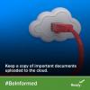 Picture of a red ethernet cord plugged into a cloud shaped plug cover on a blue wall, representing a cloud in the sky. Keep a copy of important documents uploaded to the cloud. #BeInformed